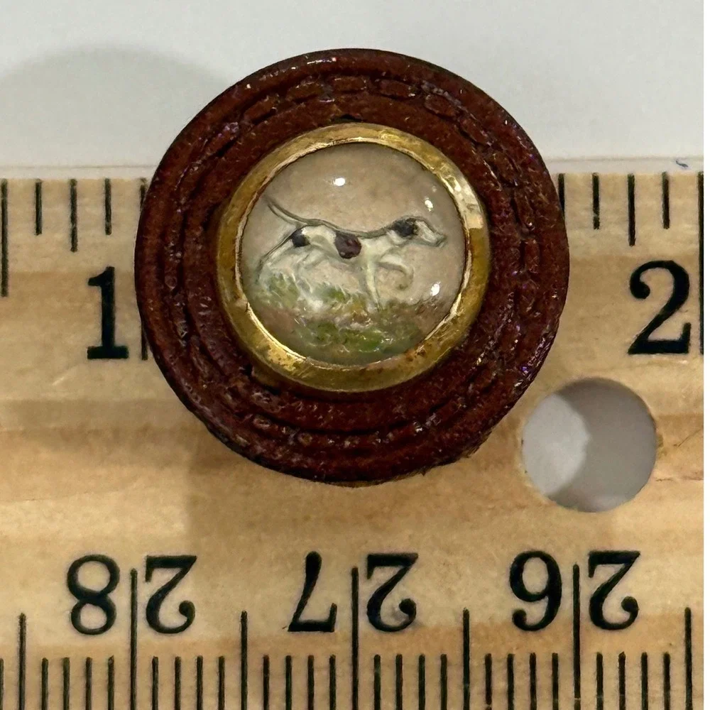 Antique Essex Crystal Handpainted Pointer Dog Button Victorian 10k GF? J28